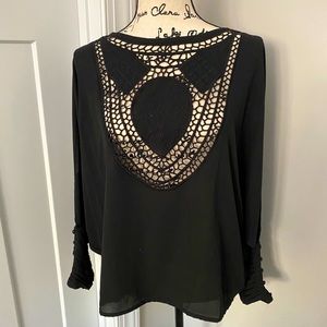 Black Dolman Crochet-cut Blouse, Button Sleeve